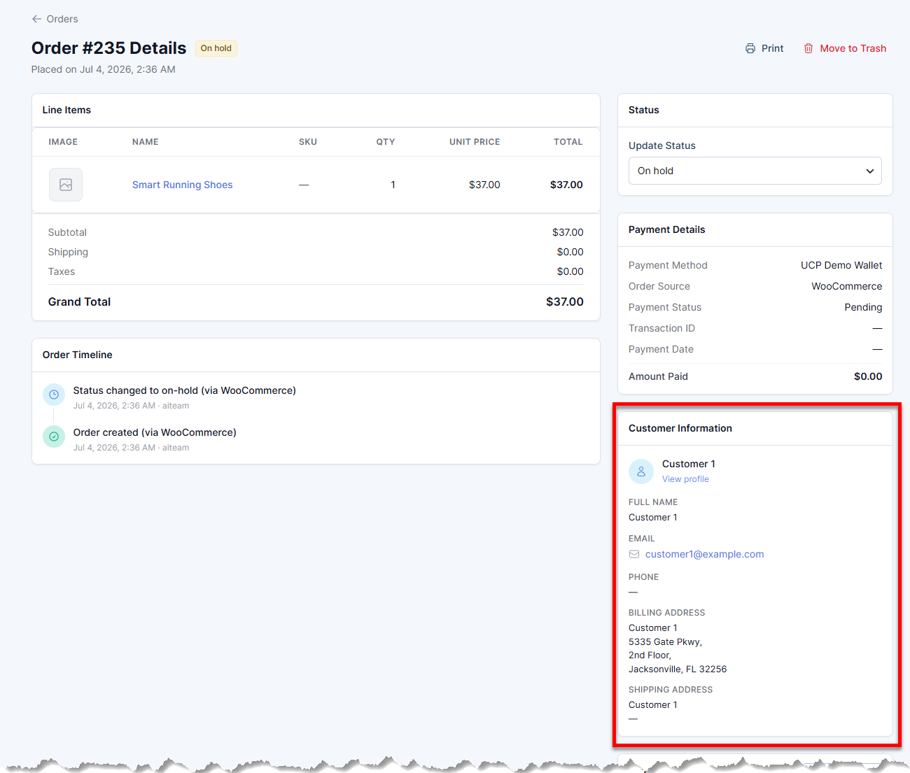 Orders tab - Customer information