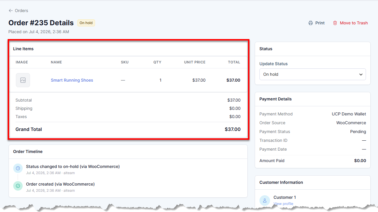 Orders tab - Line item