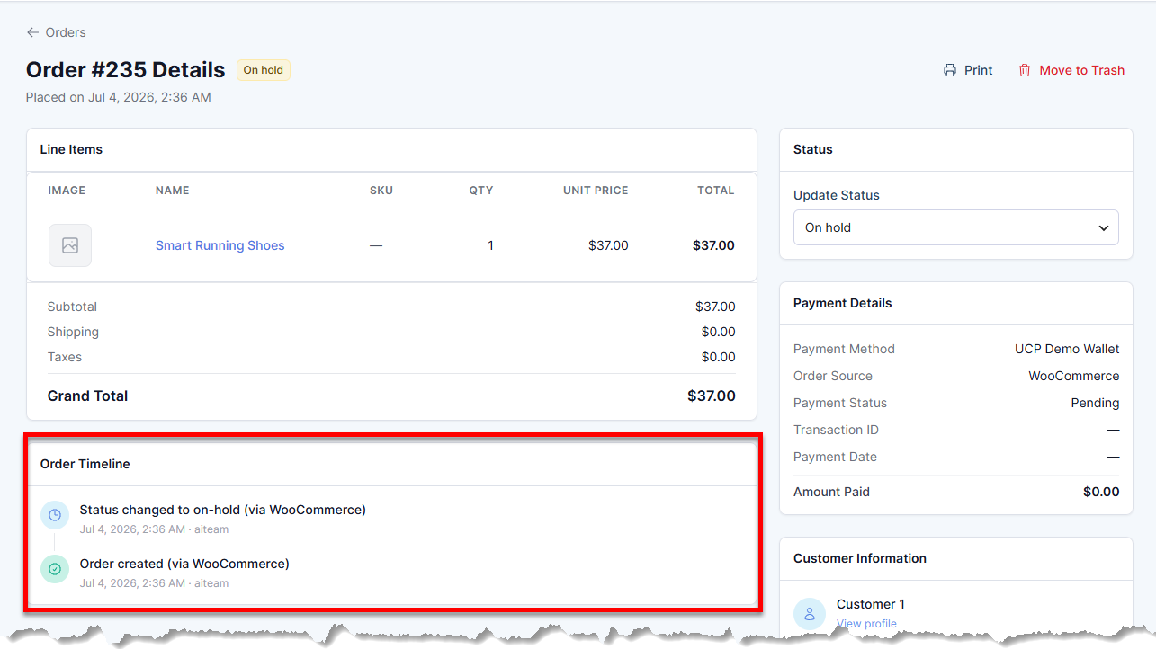 Orders tab - Order timeline