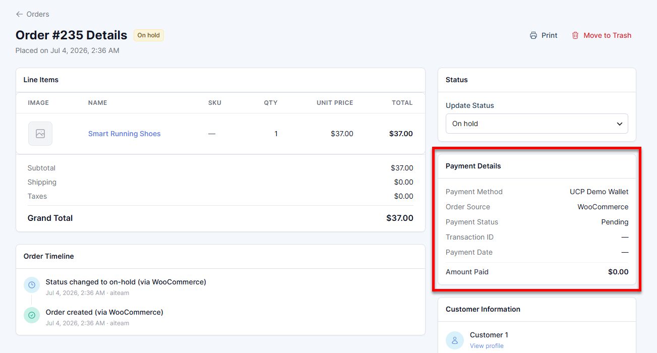 Orders tab - Payment details