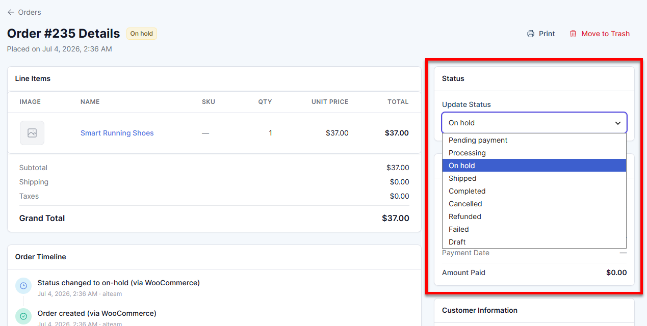 Orders tab - Order status