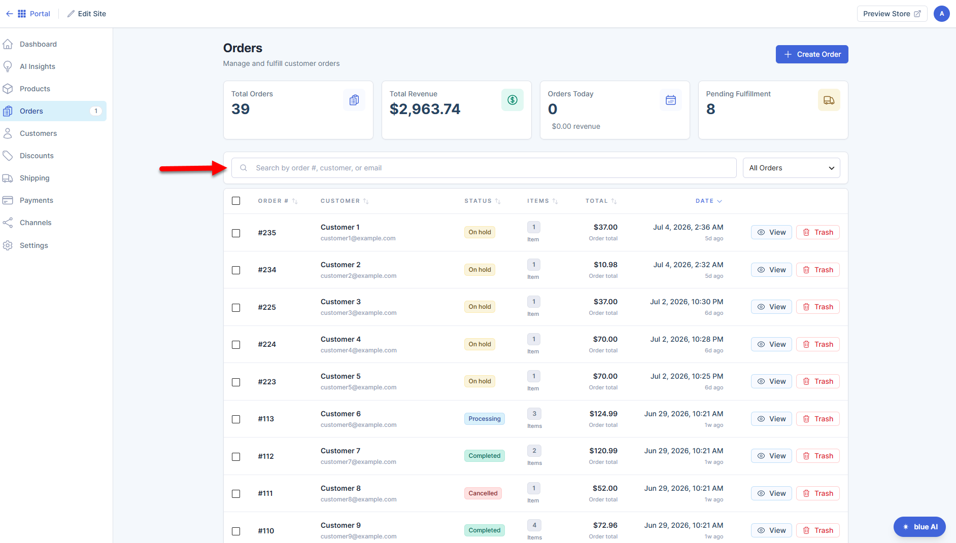 Orders tab - Search bar