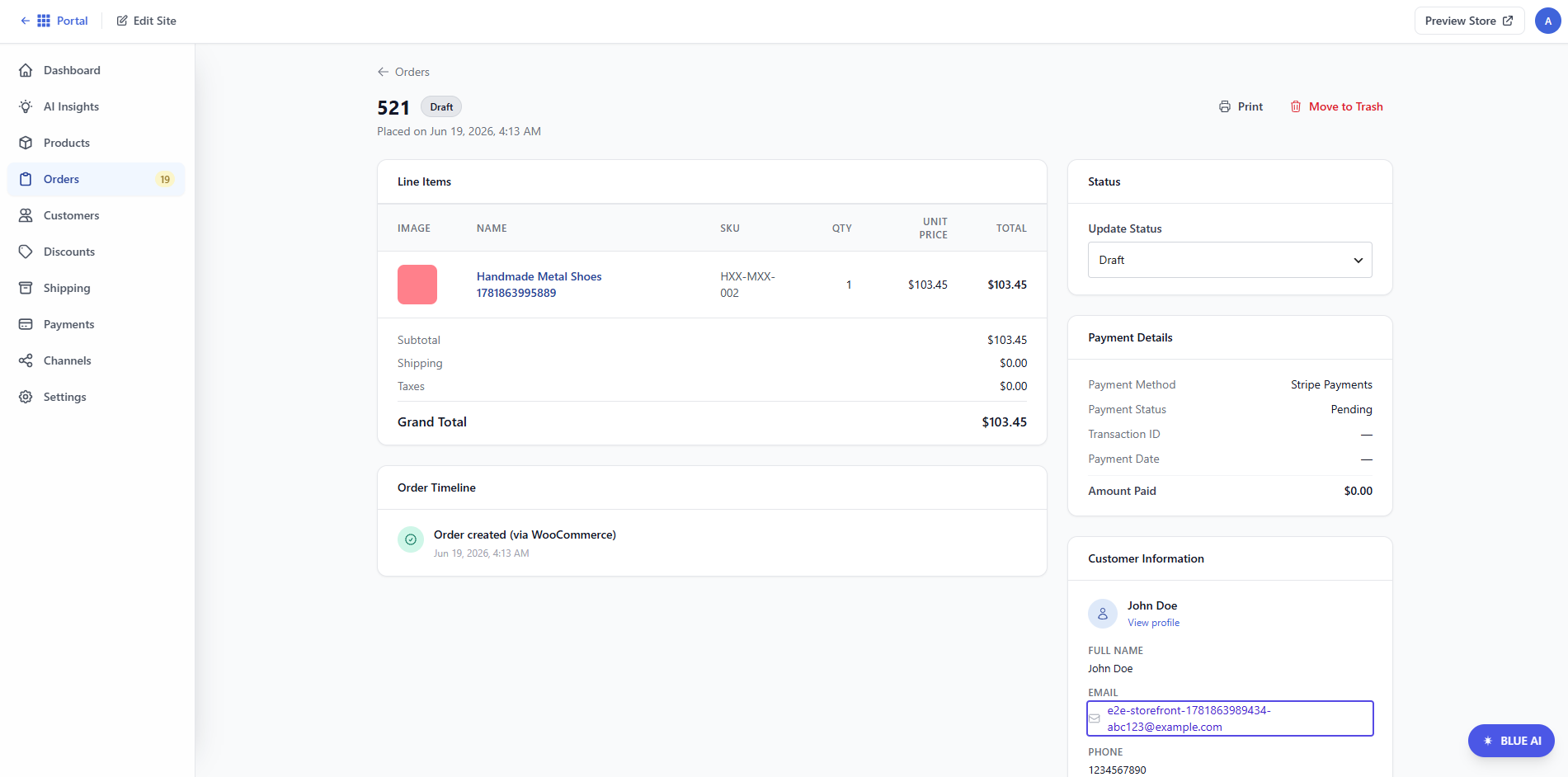 Bluehost AI Store - Orders tab - View
