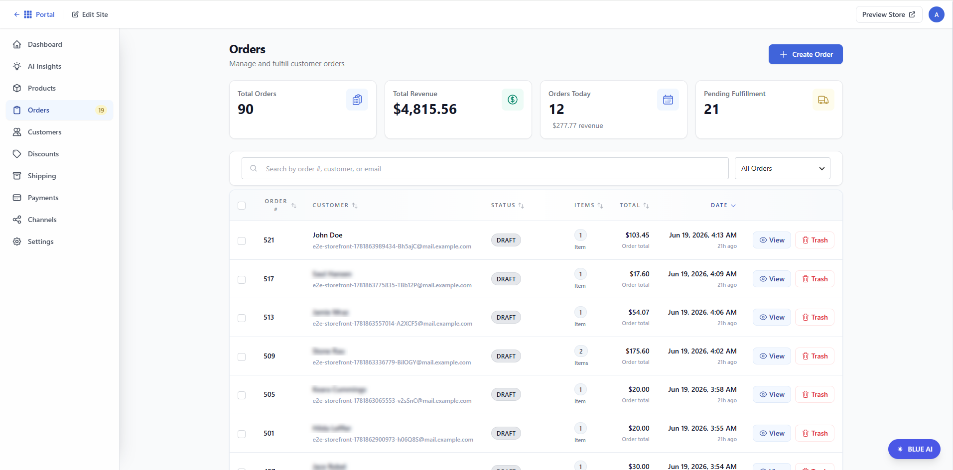 Bluehost AI Store - Orders tab