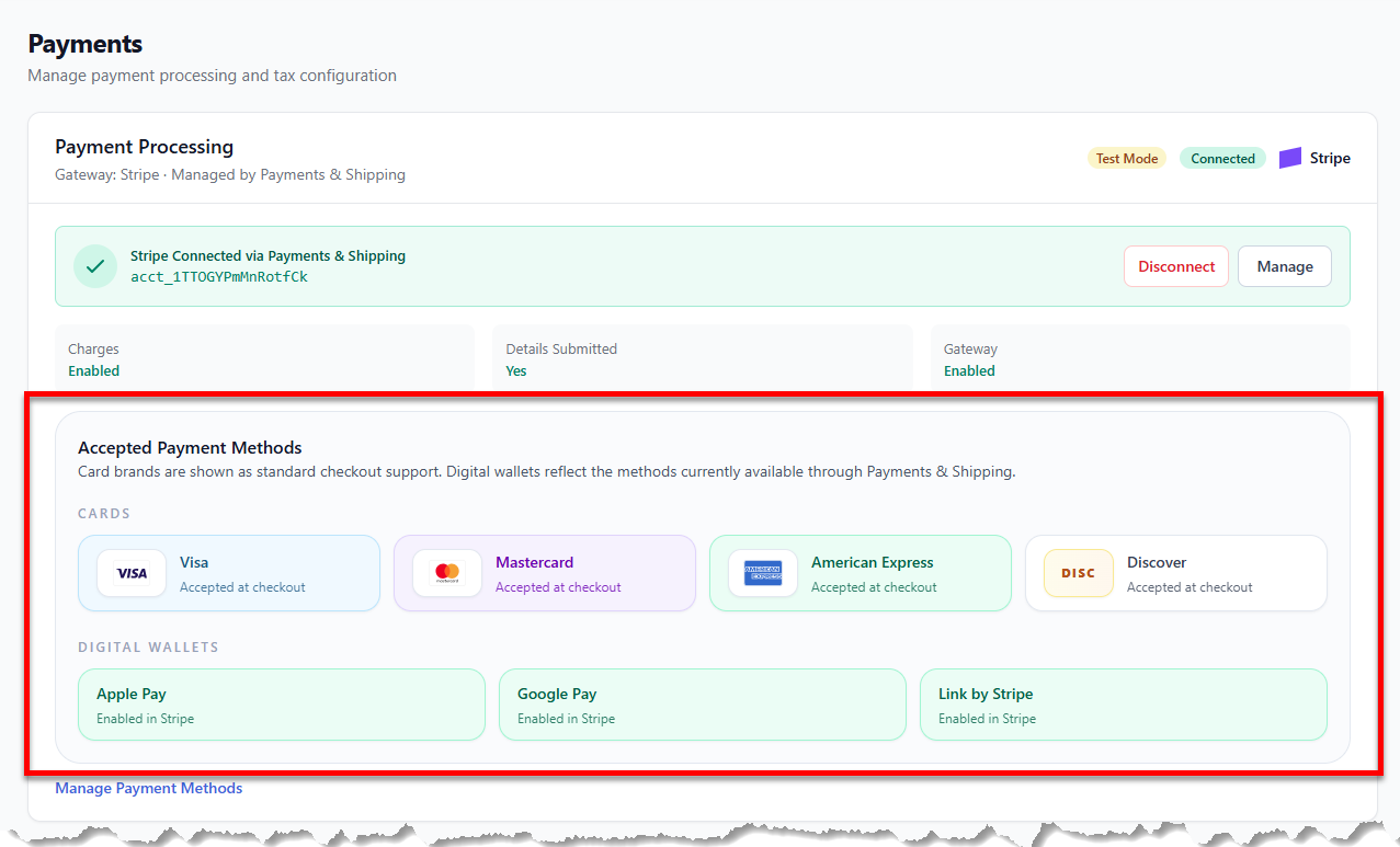 AI Store - Payments tab - Accepted Payment Methods