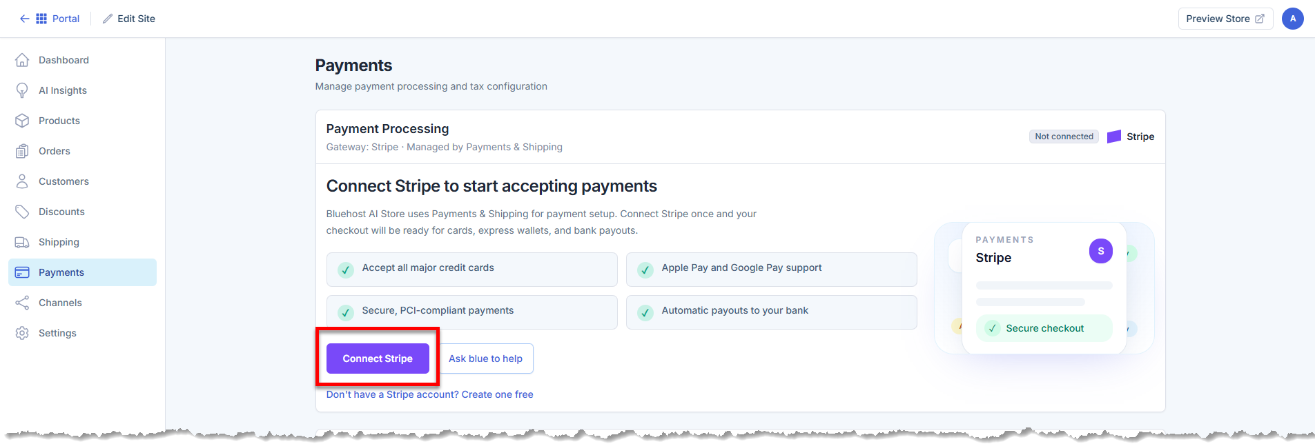 AI Store - Payments tab - Connect Stripe