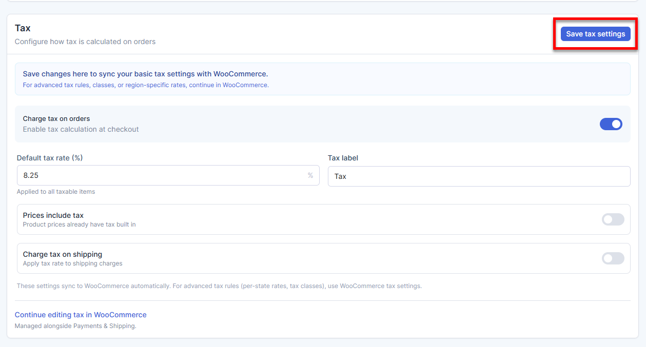 AI Store - Tax section - Save tax settings