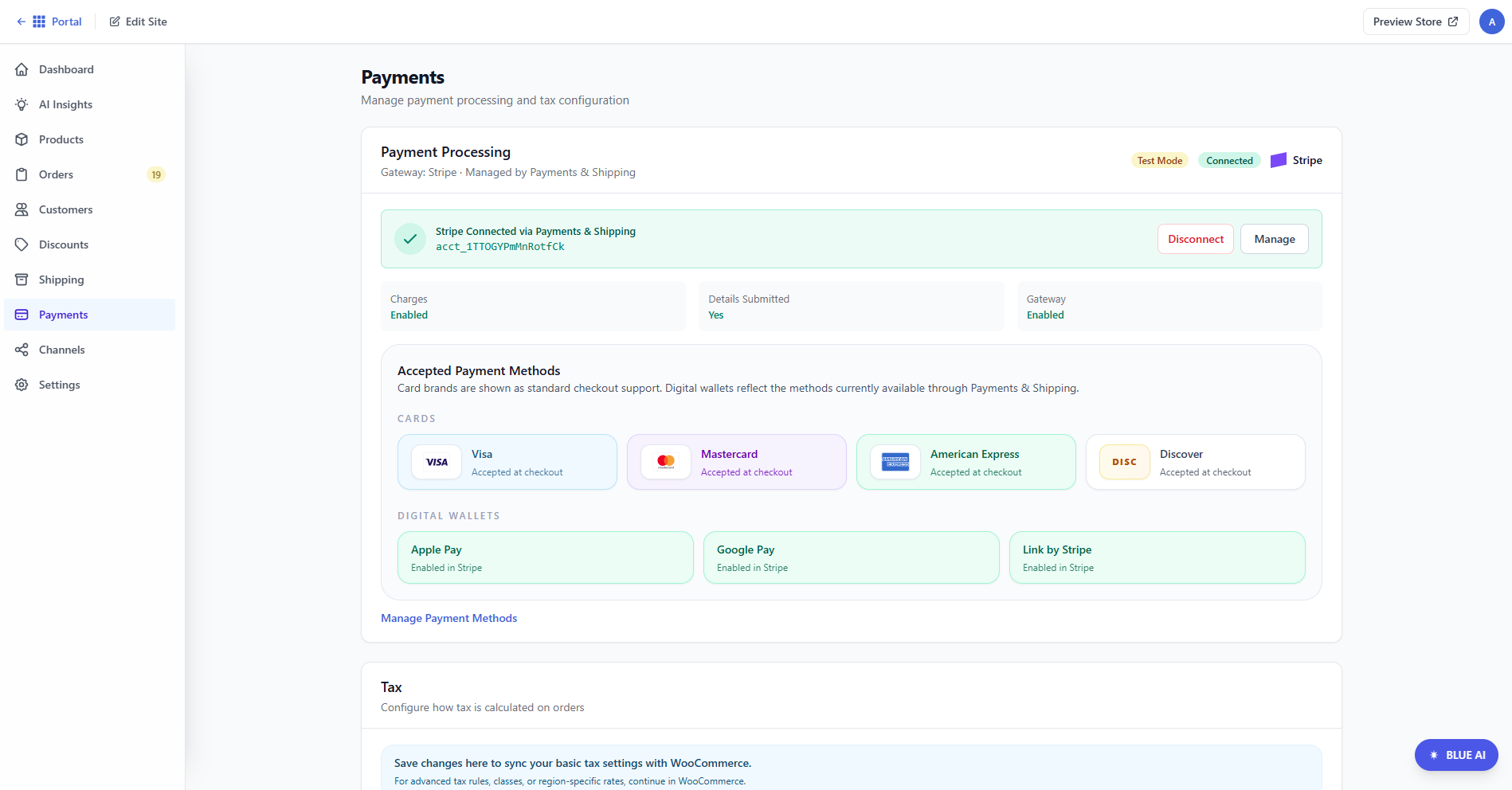 Bluehost AI Store - Payments tab