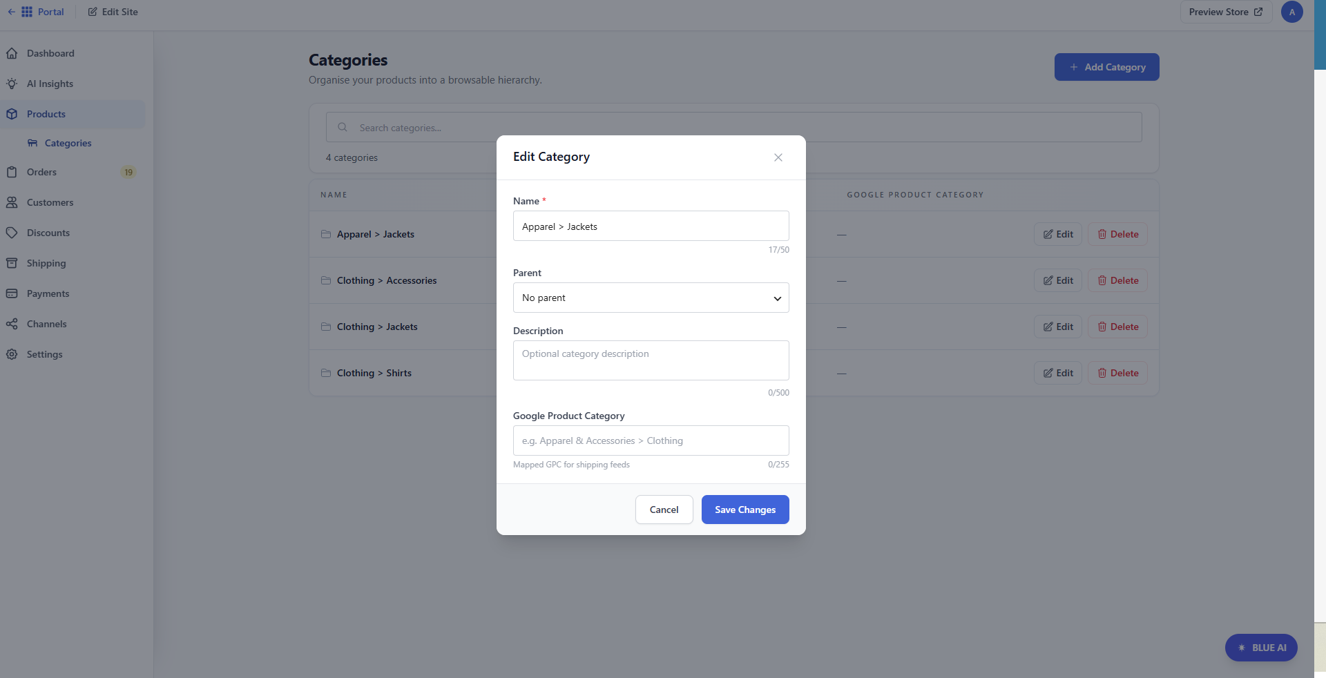 Bluehost AI Store - Products tab - Edit Categories