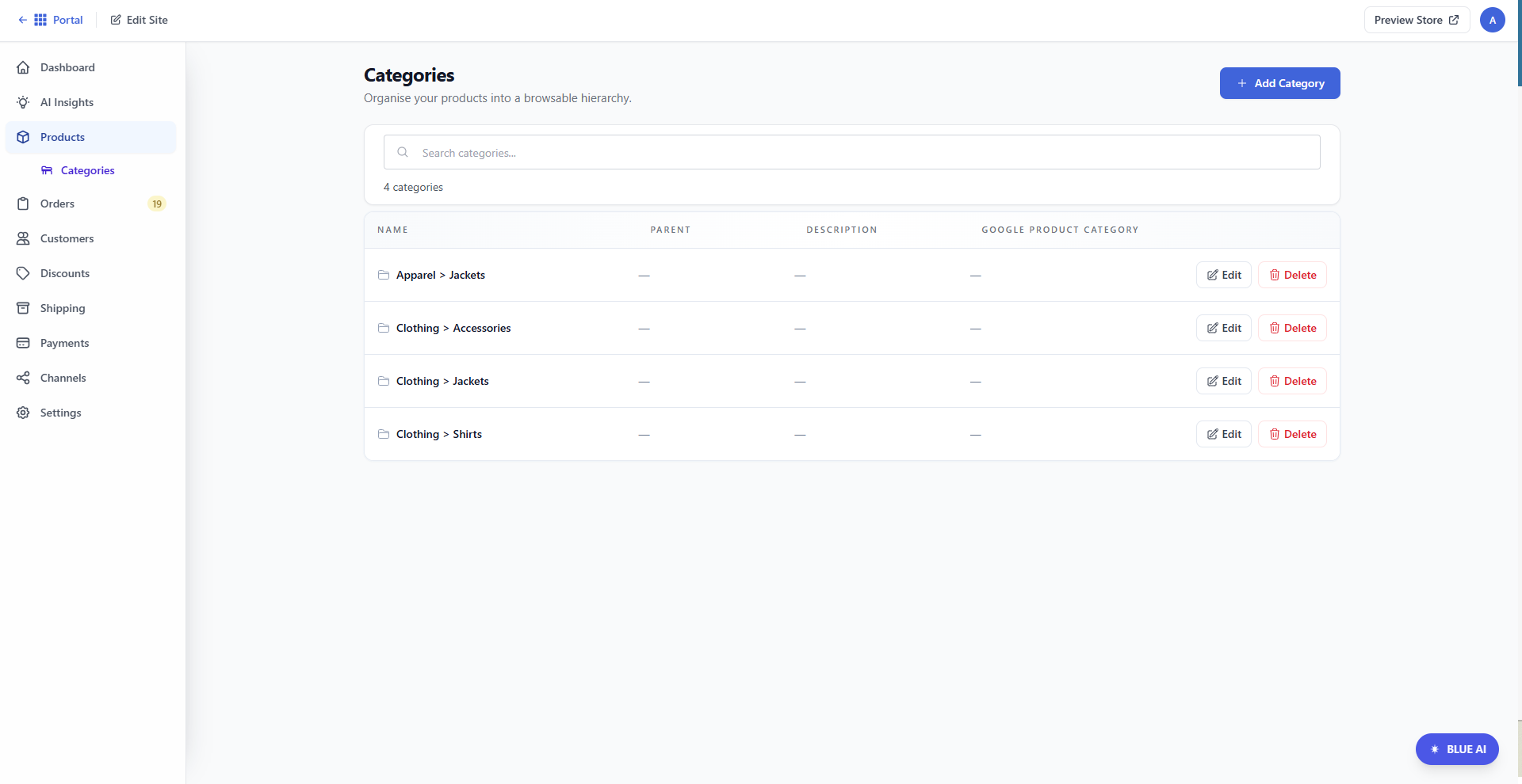 Bluehost AI Store - Products tab - Categories