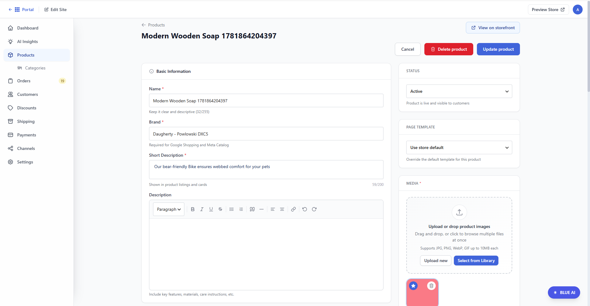 Bluehost AI Store - Products tab - Product listing details