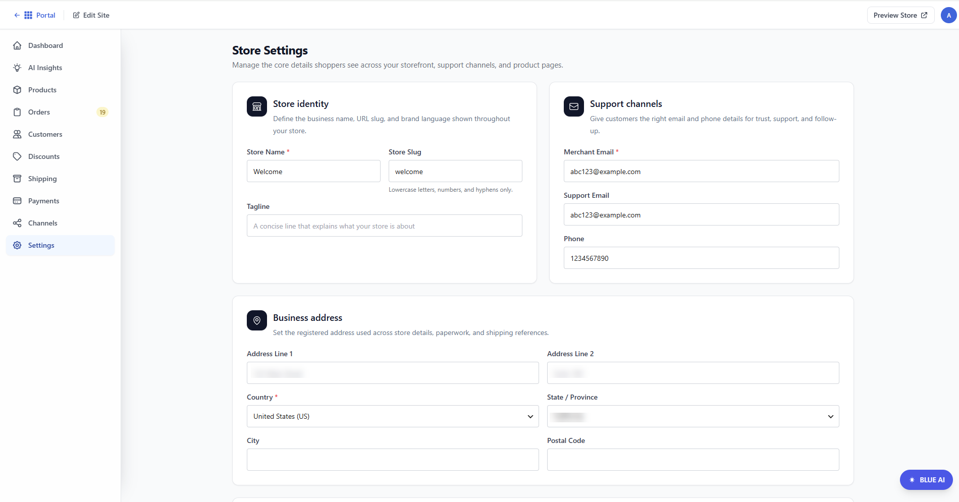 Bluehost AI Store - Settings tab