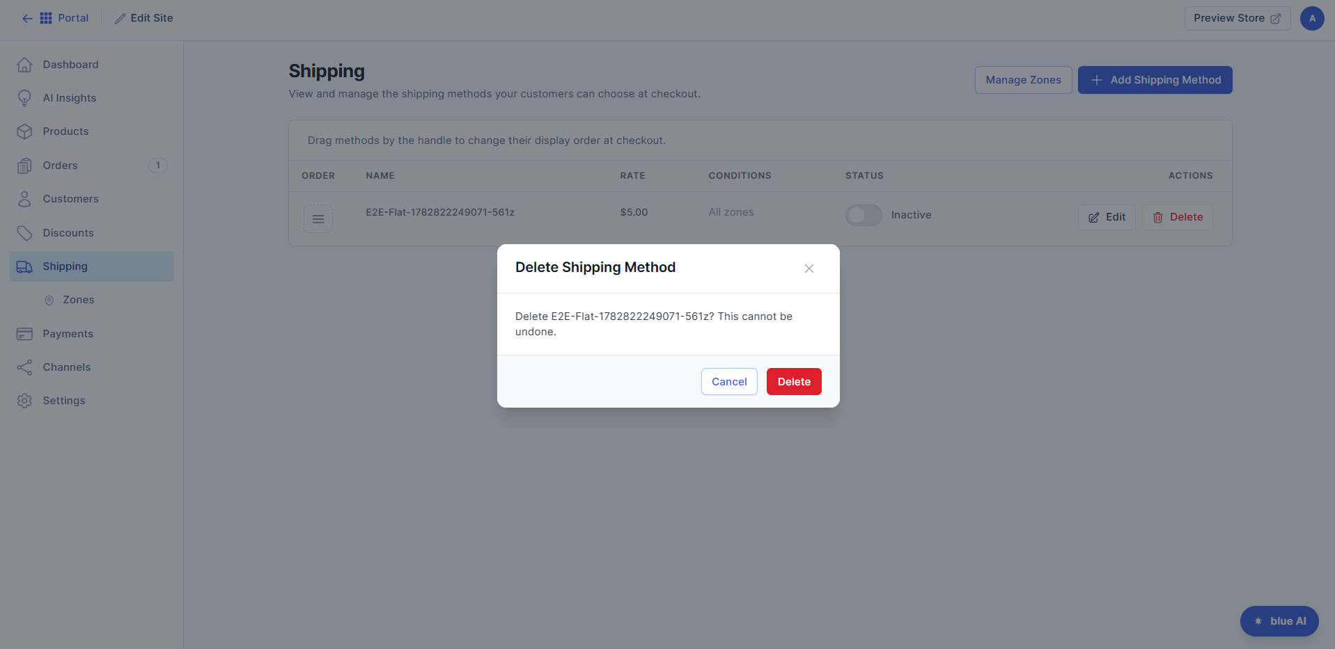 Shipping tab - Confirm deletion