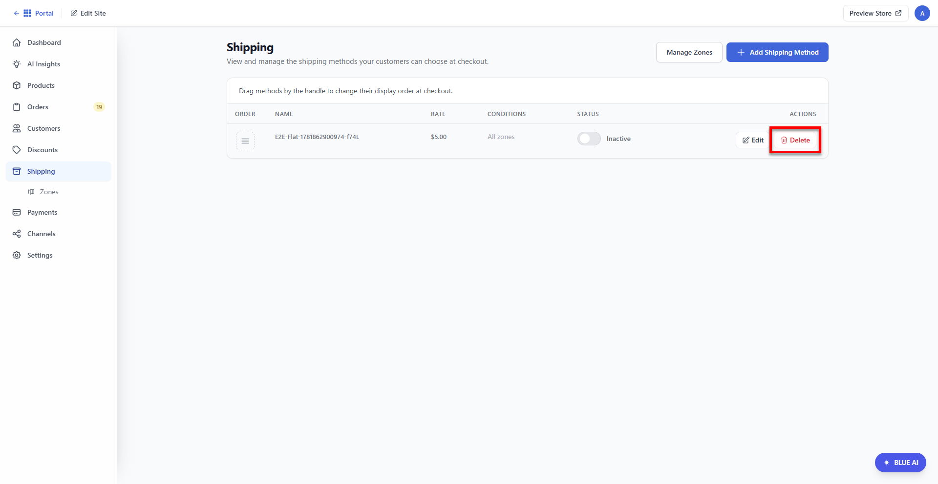 Shipping tab - Delete