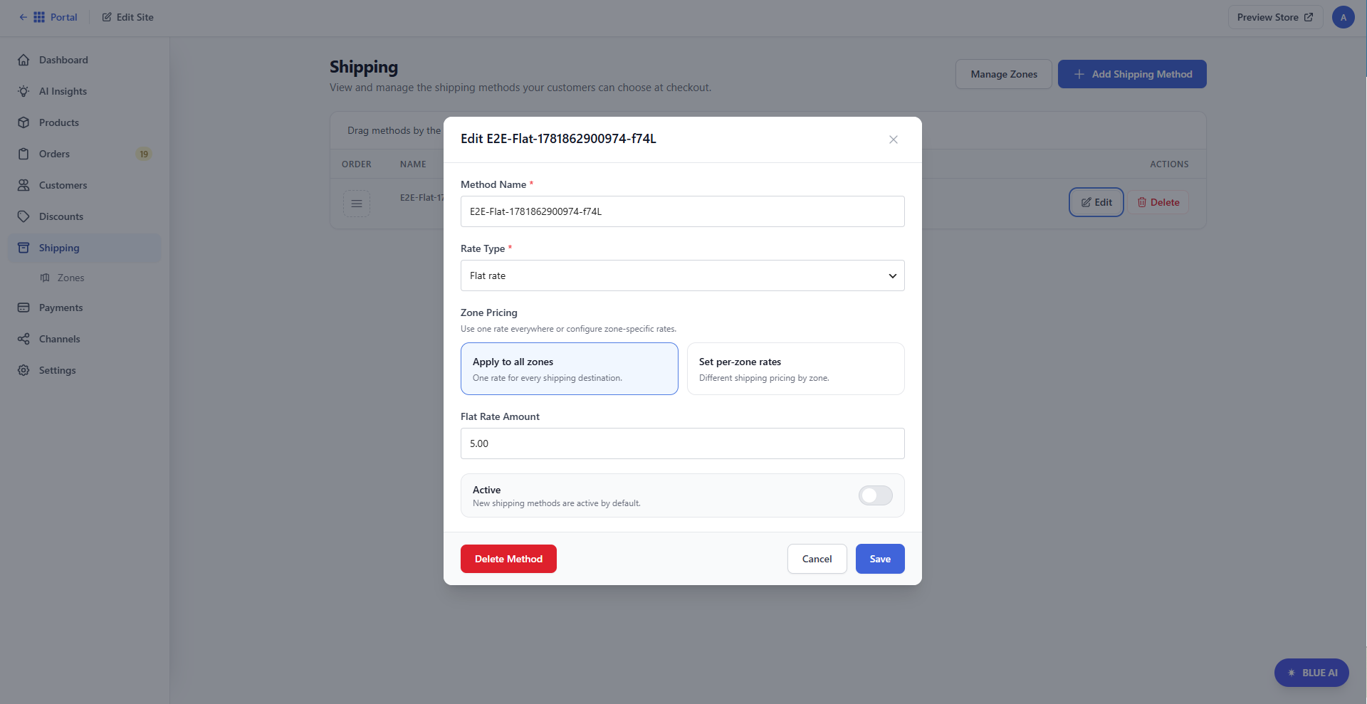 Bluehost AI Store - Shipping tab - Edit Shipping