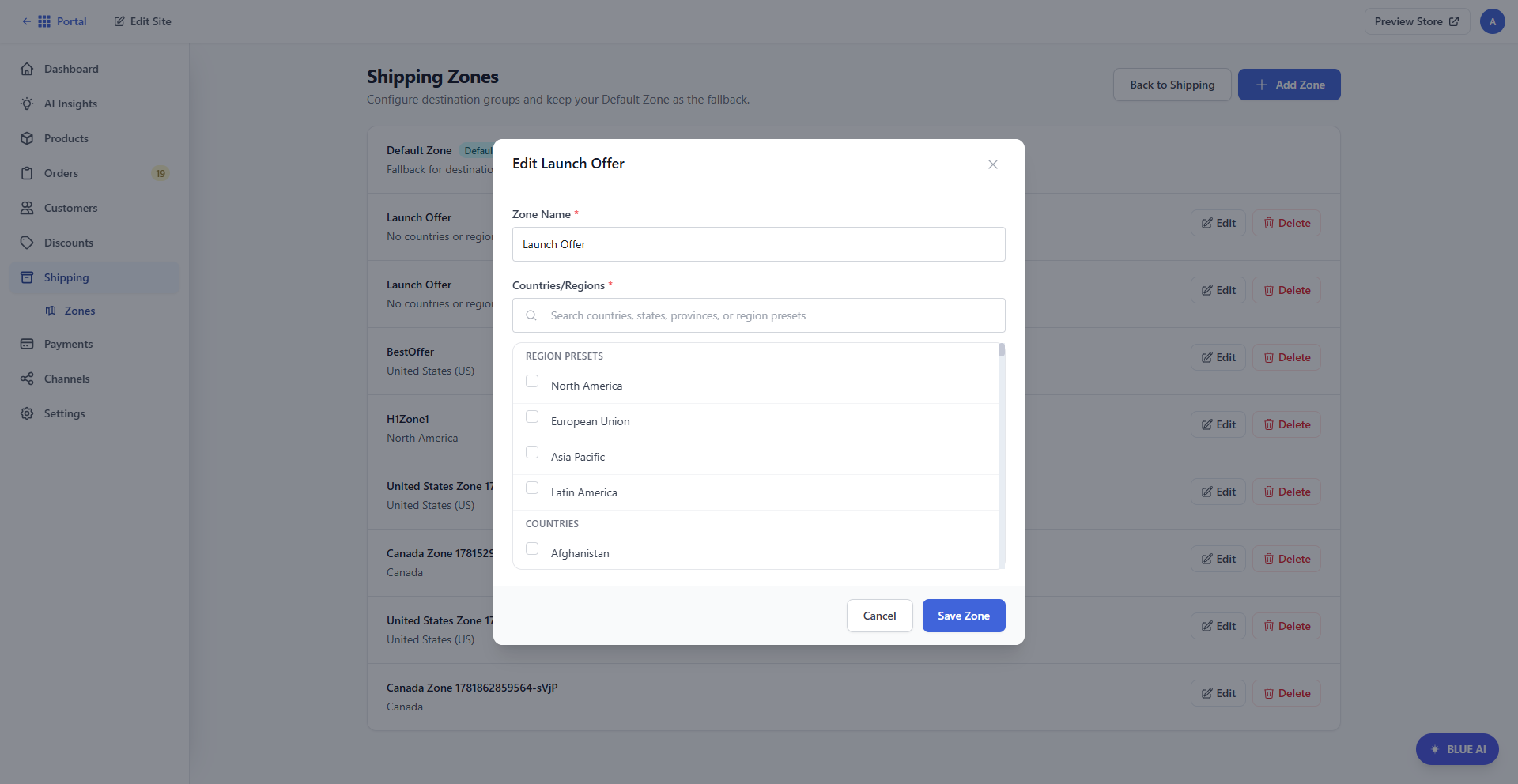 Bluehost AI Store - Shipping tab - Edit Shipping zone