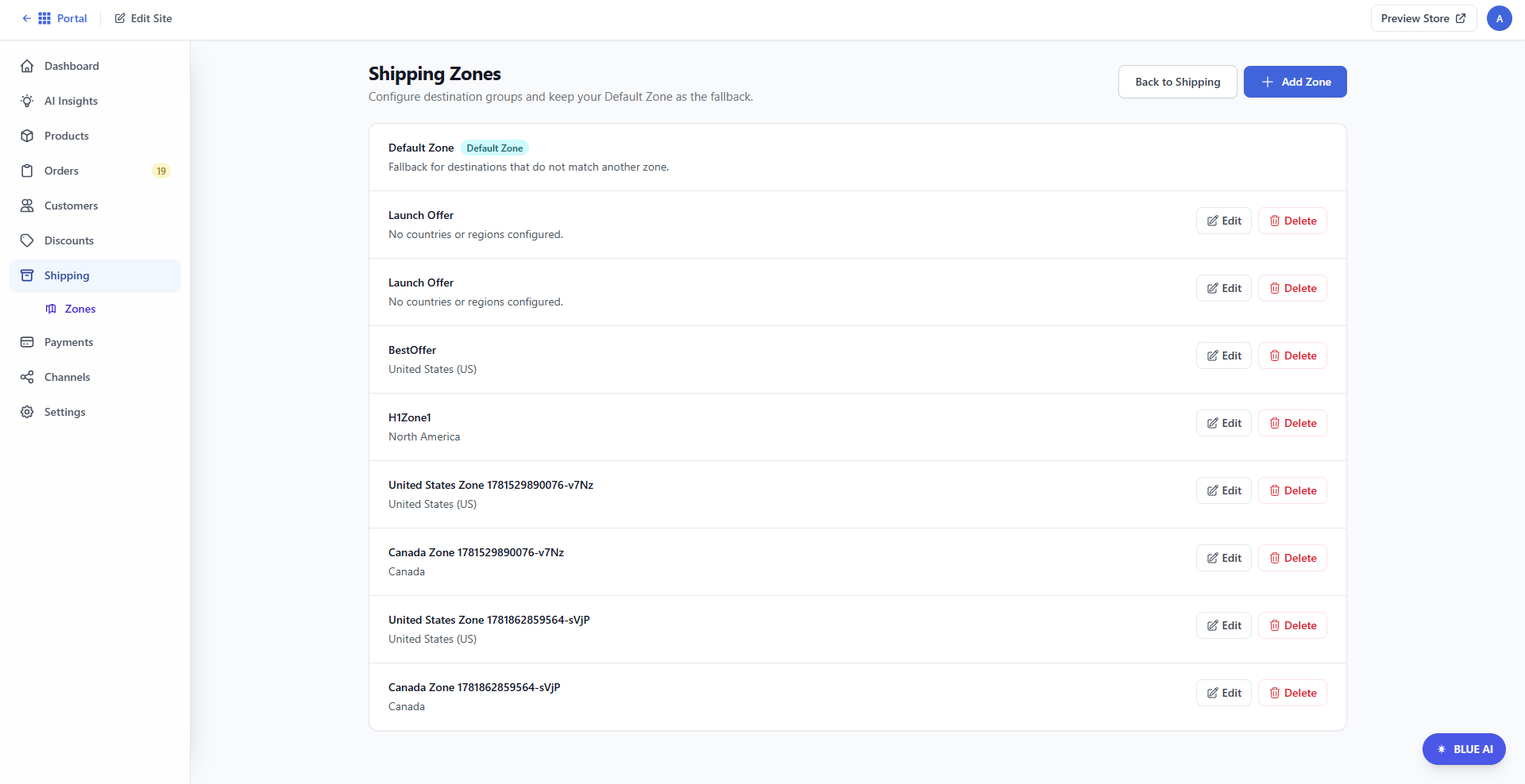 Bluehost AI Store - Shipping tab - Shipping zones