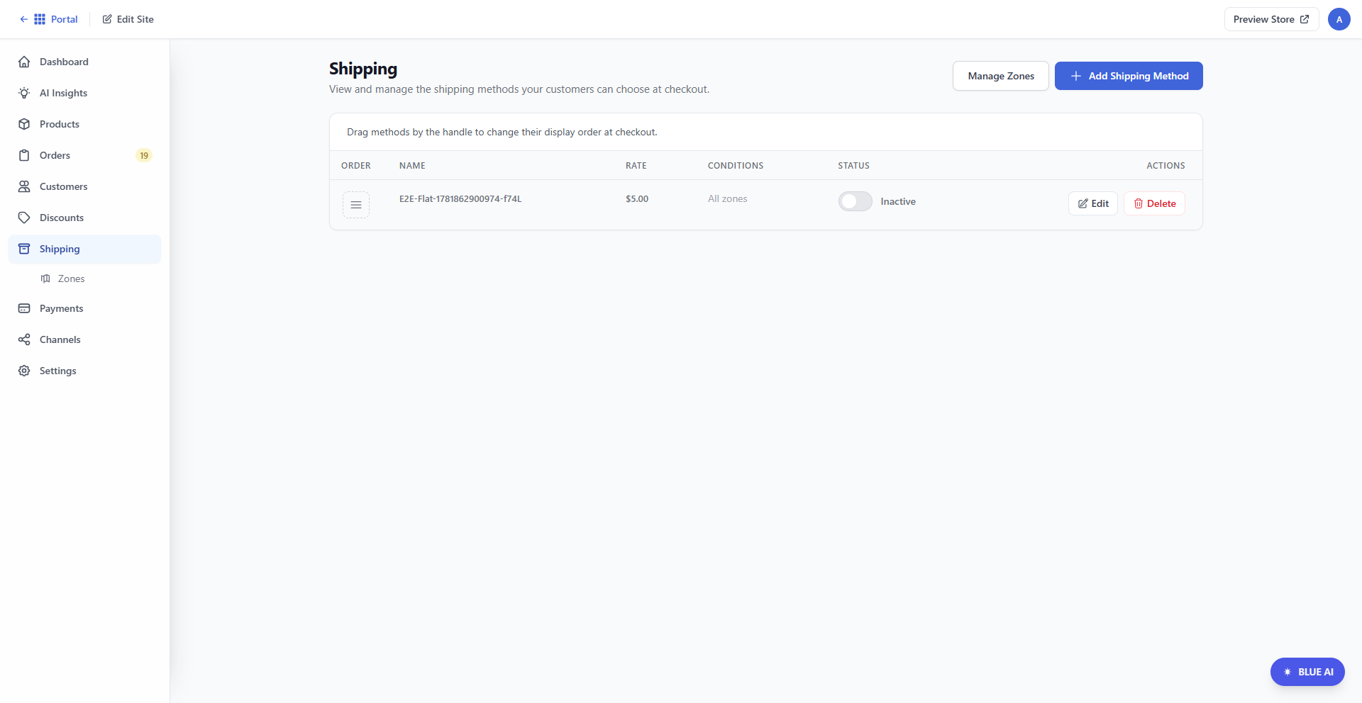 Bluehost AI Store - Shipping tab