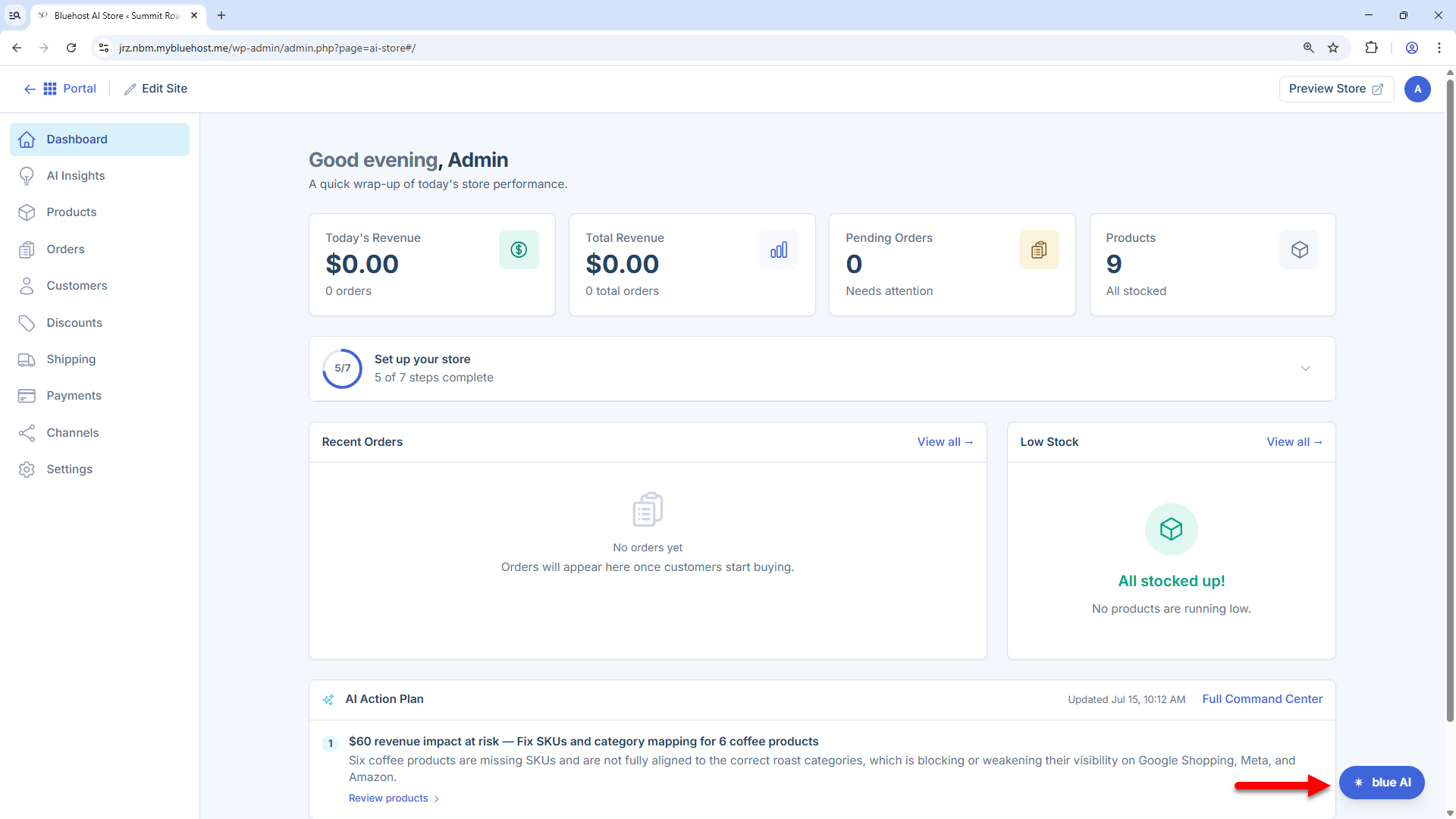 AI Store dashboard - Bluehost AI Chat button