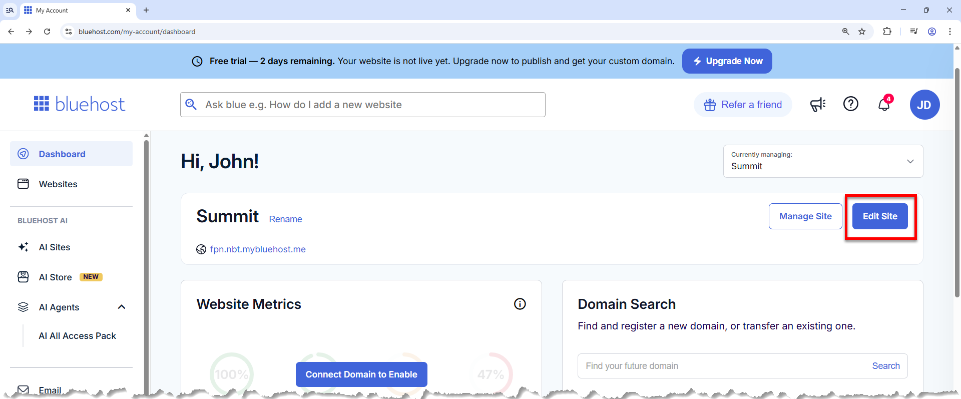 Dashboard tab - Edit Site