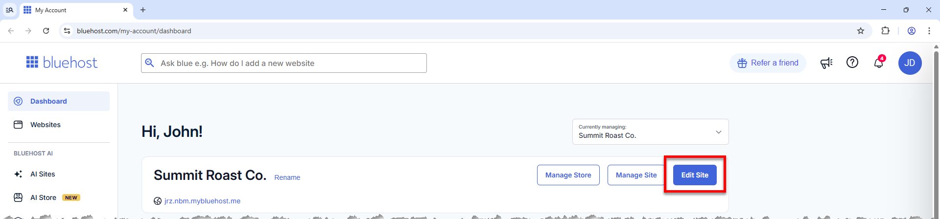 AI Store Website - Dashboard tab - Edit Site button