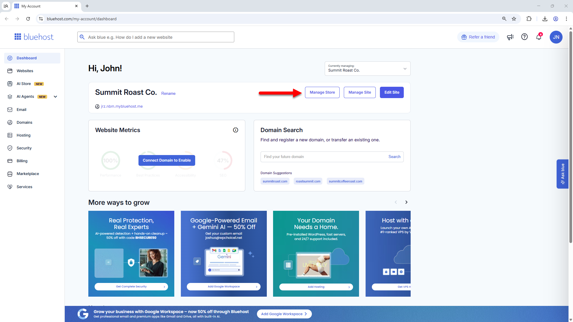 AI Store Dashboard - Manage Store button