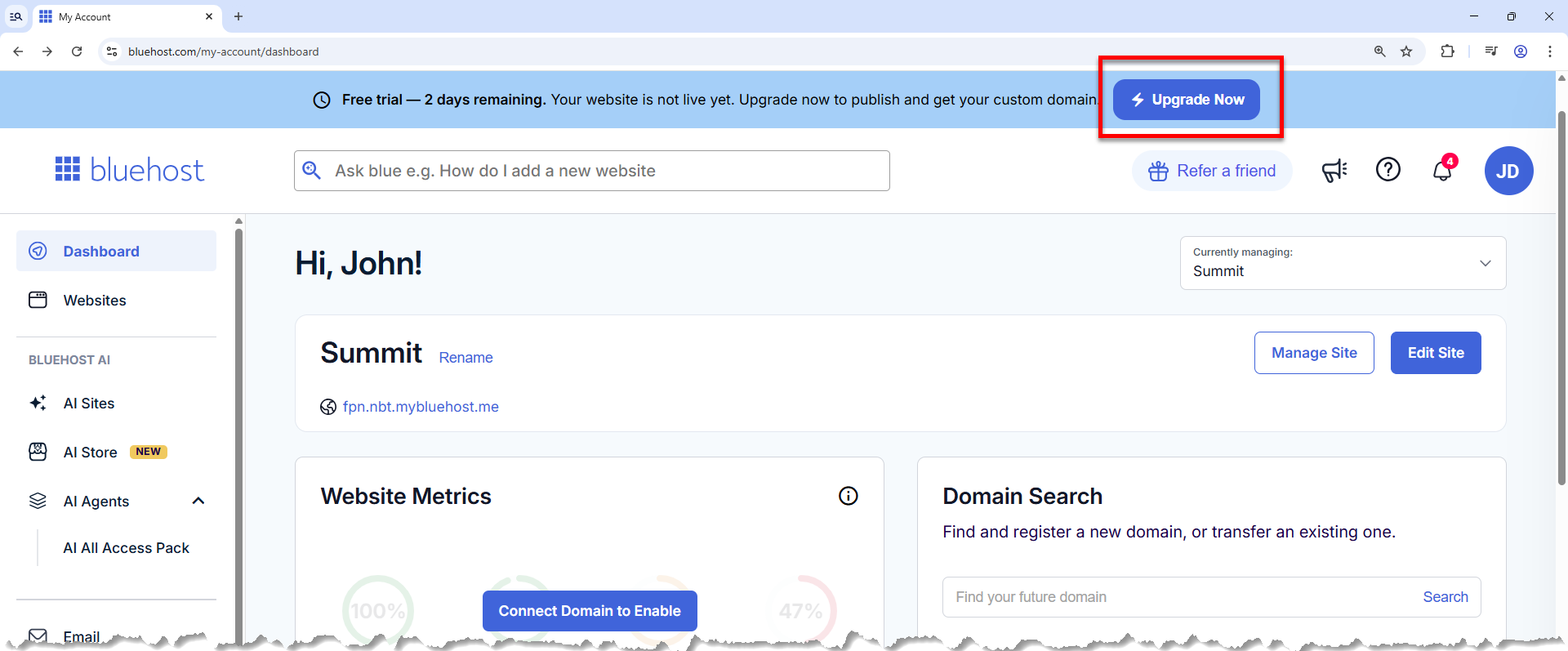 Bluehost Portal - Upgrade Now banner