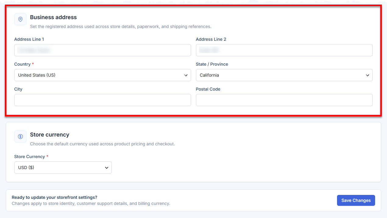 AI Store - Settings tab - Business Address