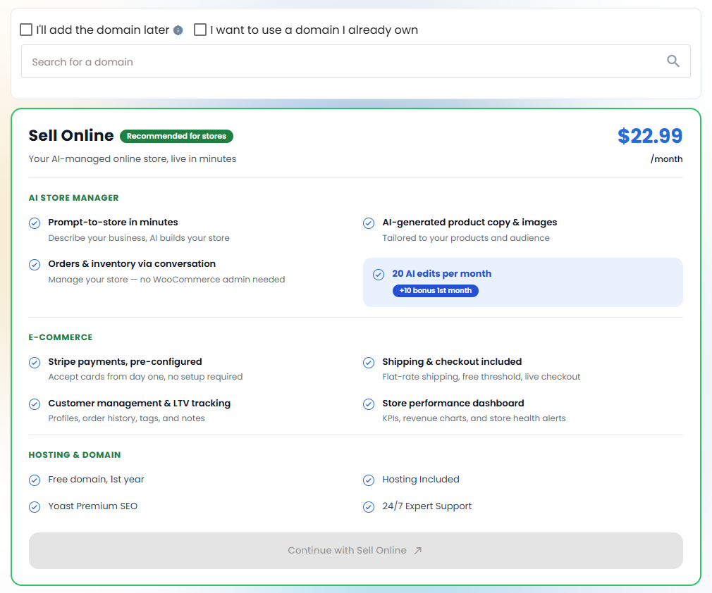 AI Website Builder - Continue with Sell Online