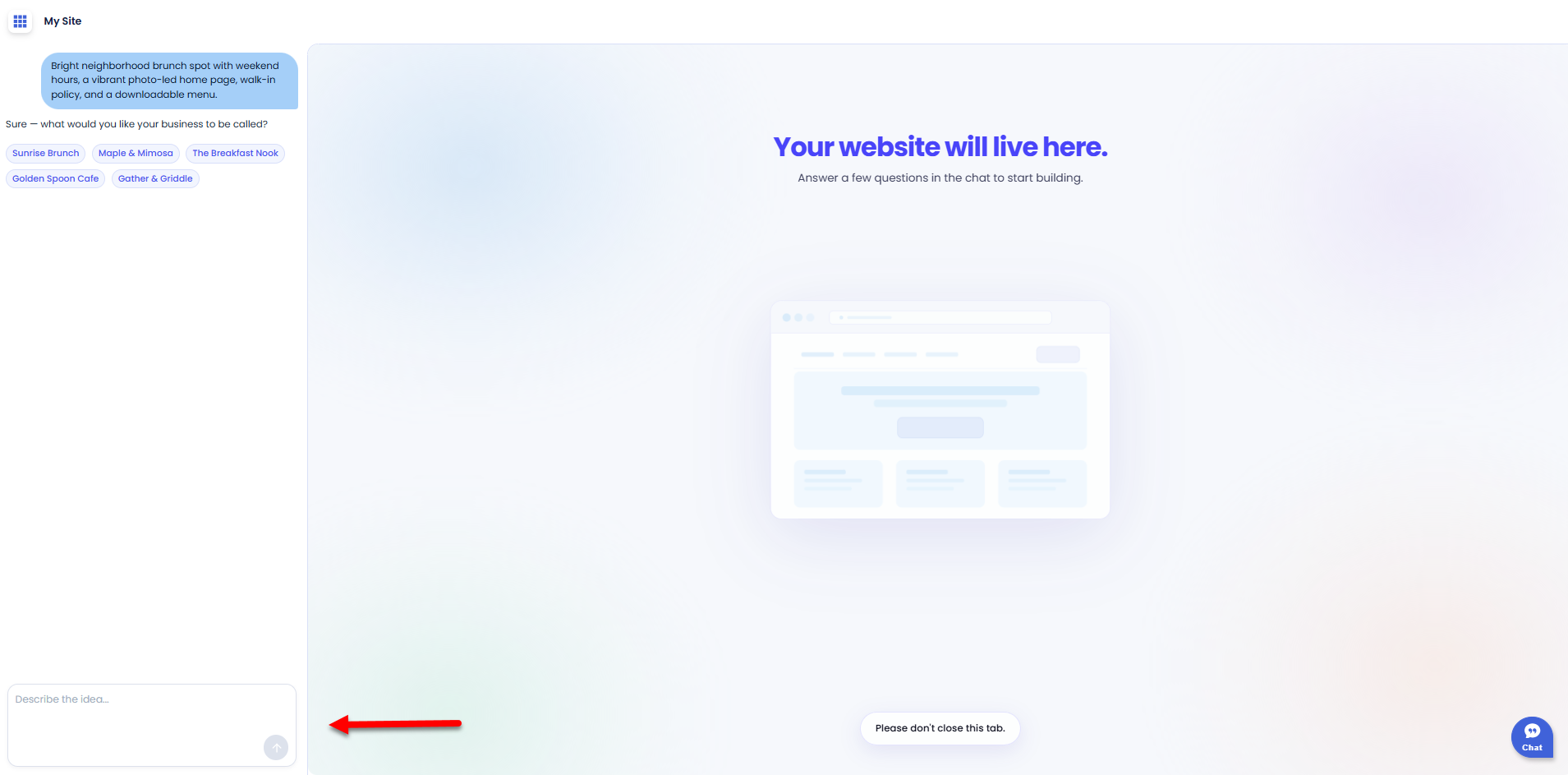 AI Website Builder - My Sites - Enter prompt