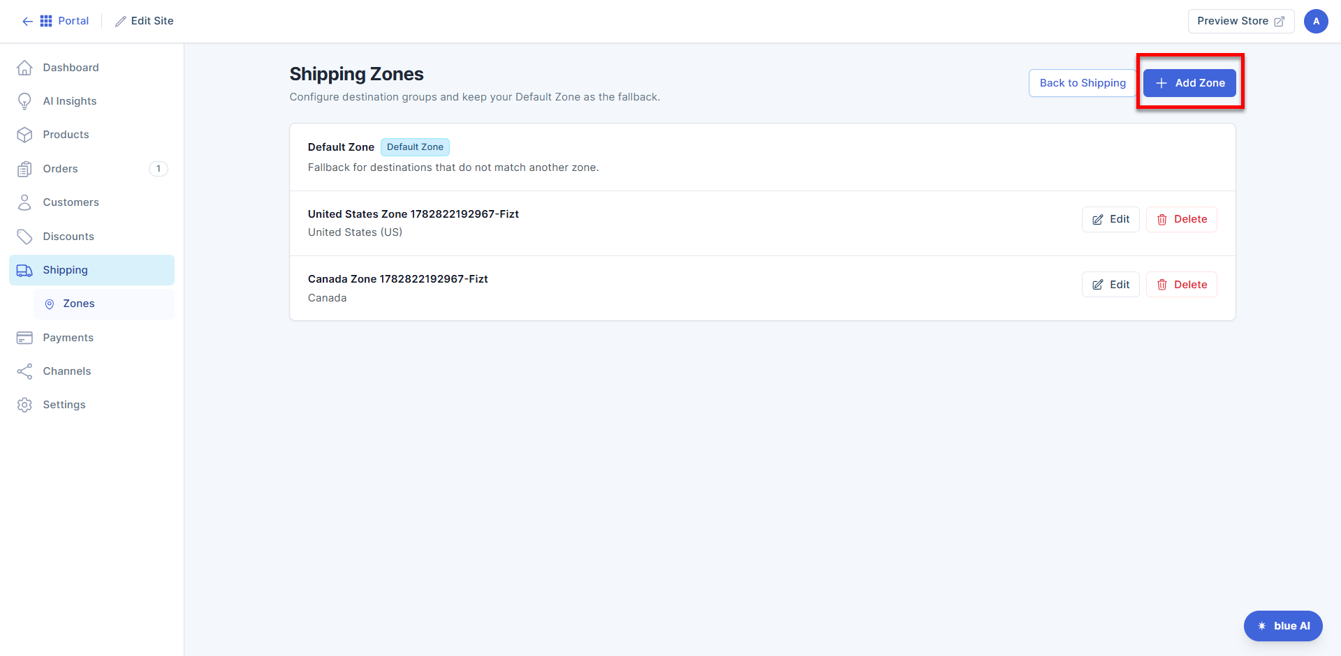 Zones tab - Add Zone