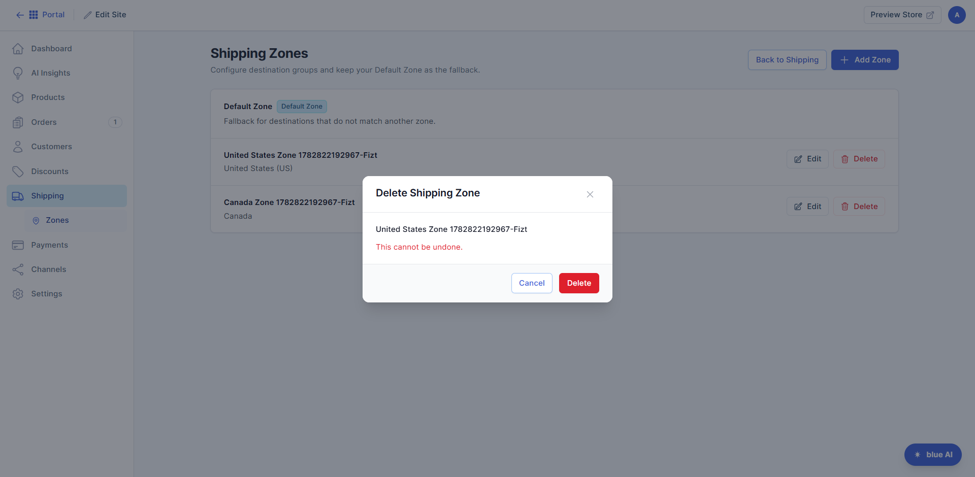 Zones tab - Confirm the delete action