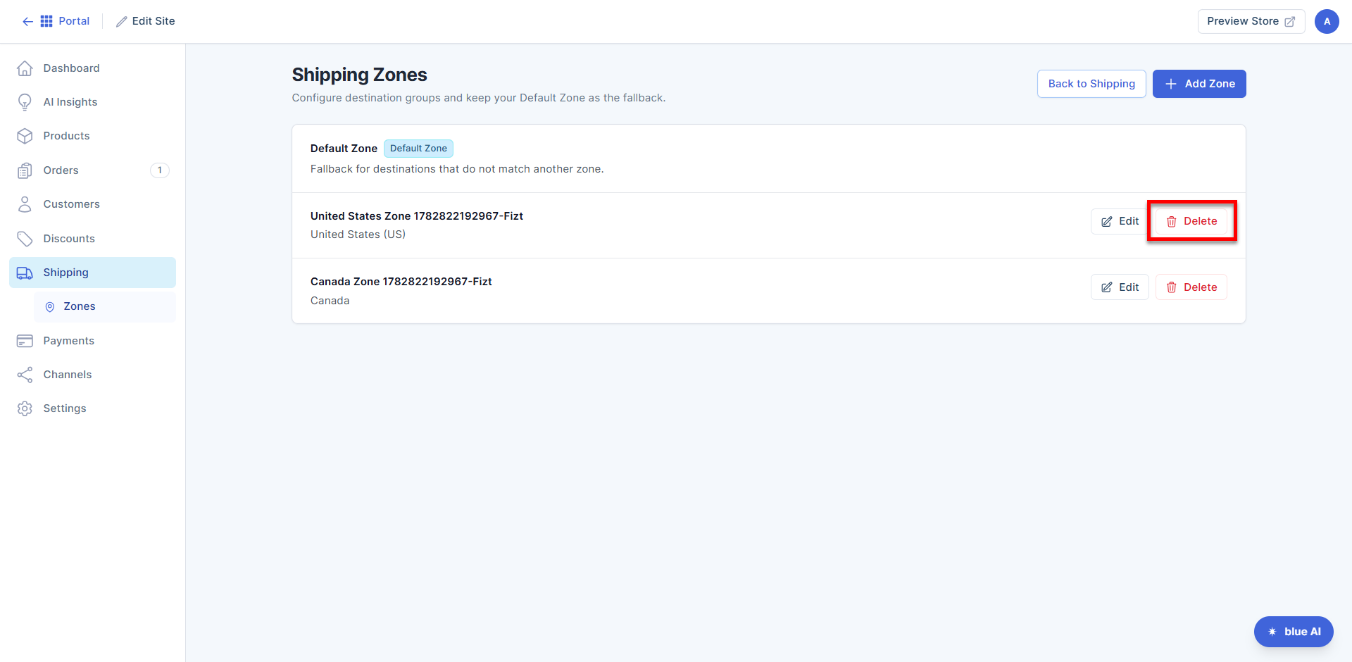 Zones tab - Delete