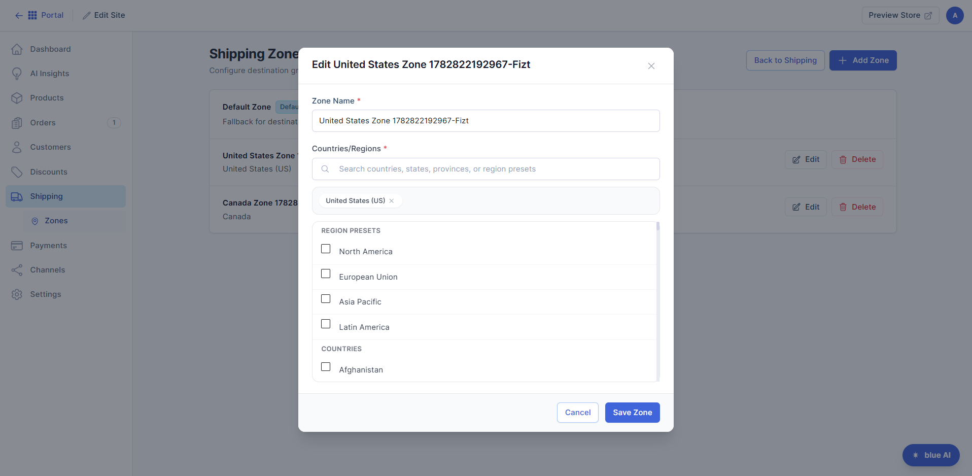 Zones tab - Edit details