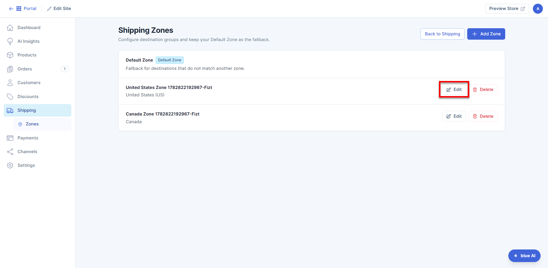 Zones tab - Edit