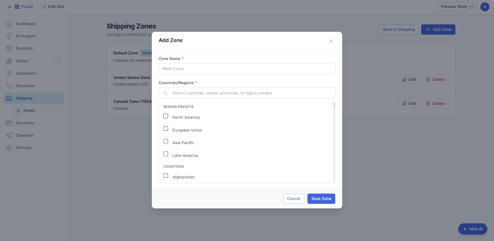 Zones tab - Enter zone details