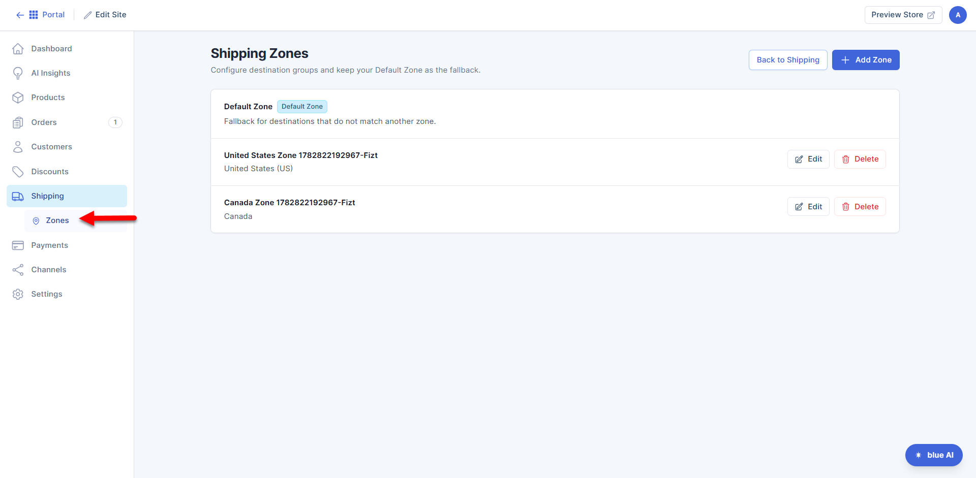 AI Store dashboard - Shipping tab - Zones
