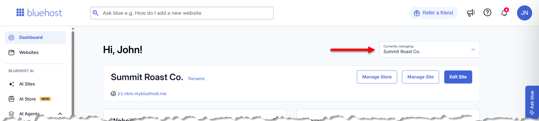 Bluehost Portal - Dashboard - Website selector