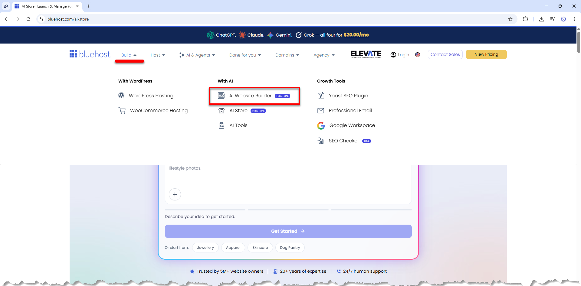 Bluehost.com - Build tab - AI Website Builder