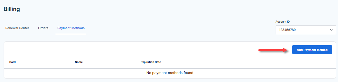 Billing tab - Payment Methods tab - Add Payment Method