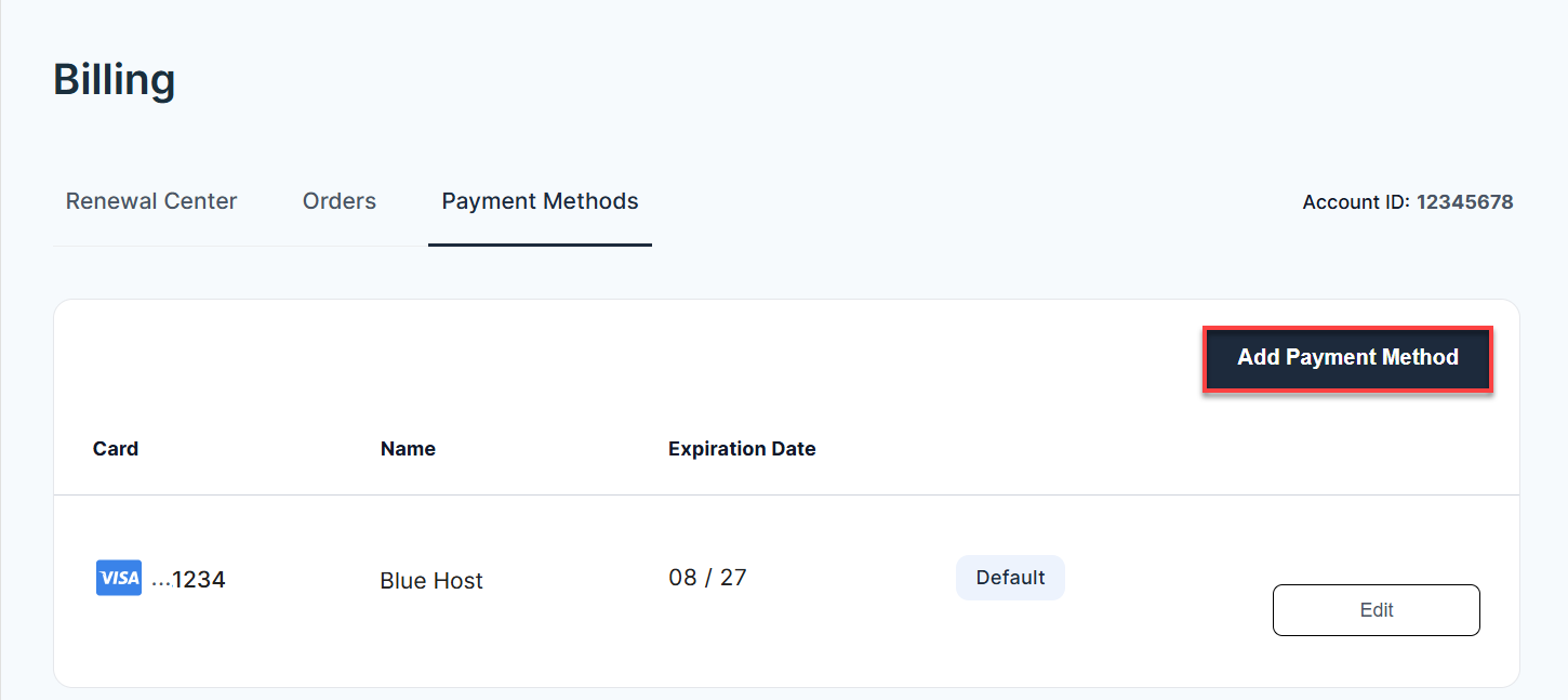 BH Account Manager Billing Tab - Add Payment Method