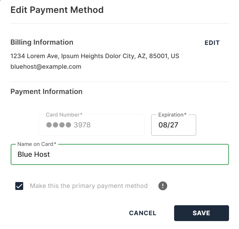 BH Account Manager Billing Tab - Edit Payment Method
