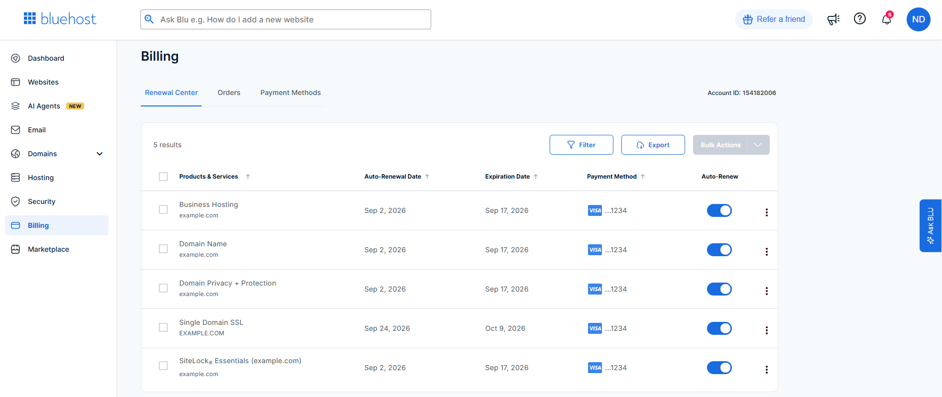 Bluehost Portal - Billing tab interface
