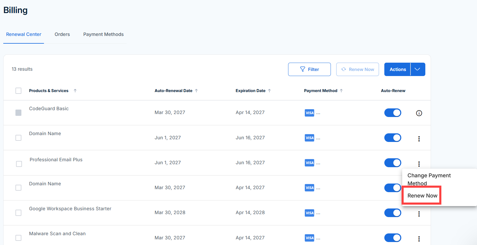 Renew Now option in the Renewal Center menu for Professional Email