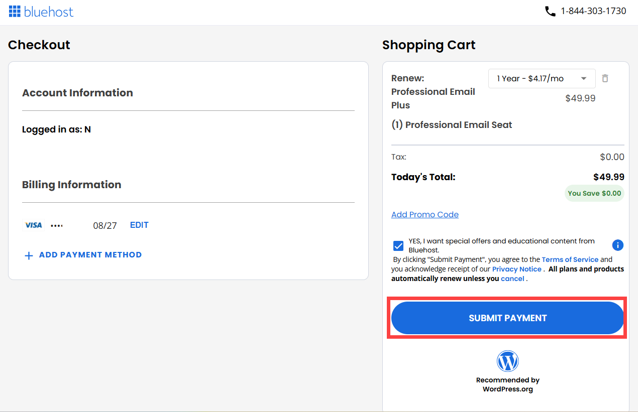 Checkout page with the renewal term, billing information, and Submit Payment button