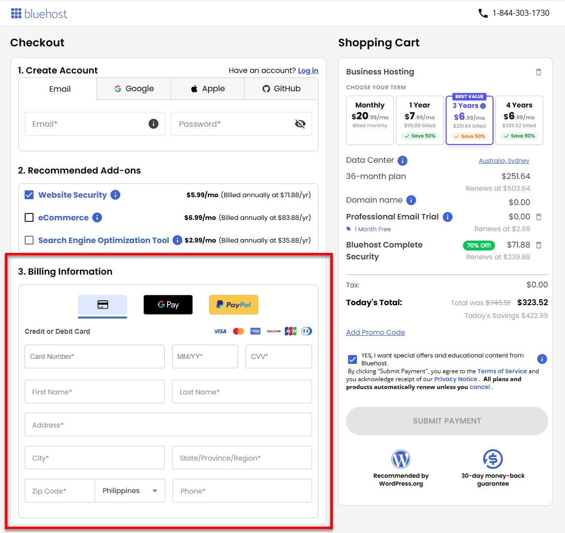 Website Security - Enter Billing Information