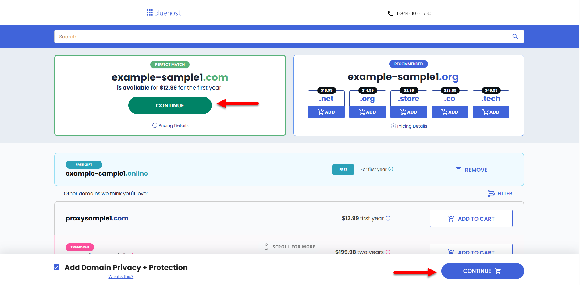 Register a domain - Domain is available - Continue