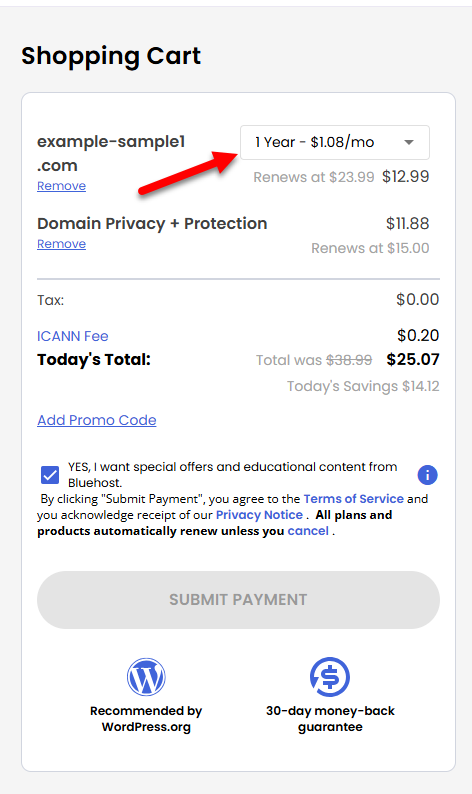 Register a domain - Select billing term