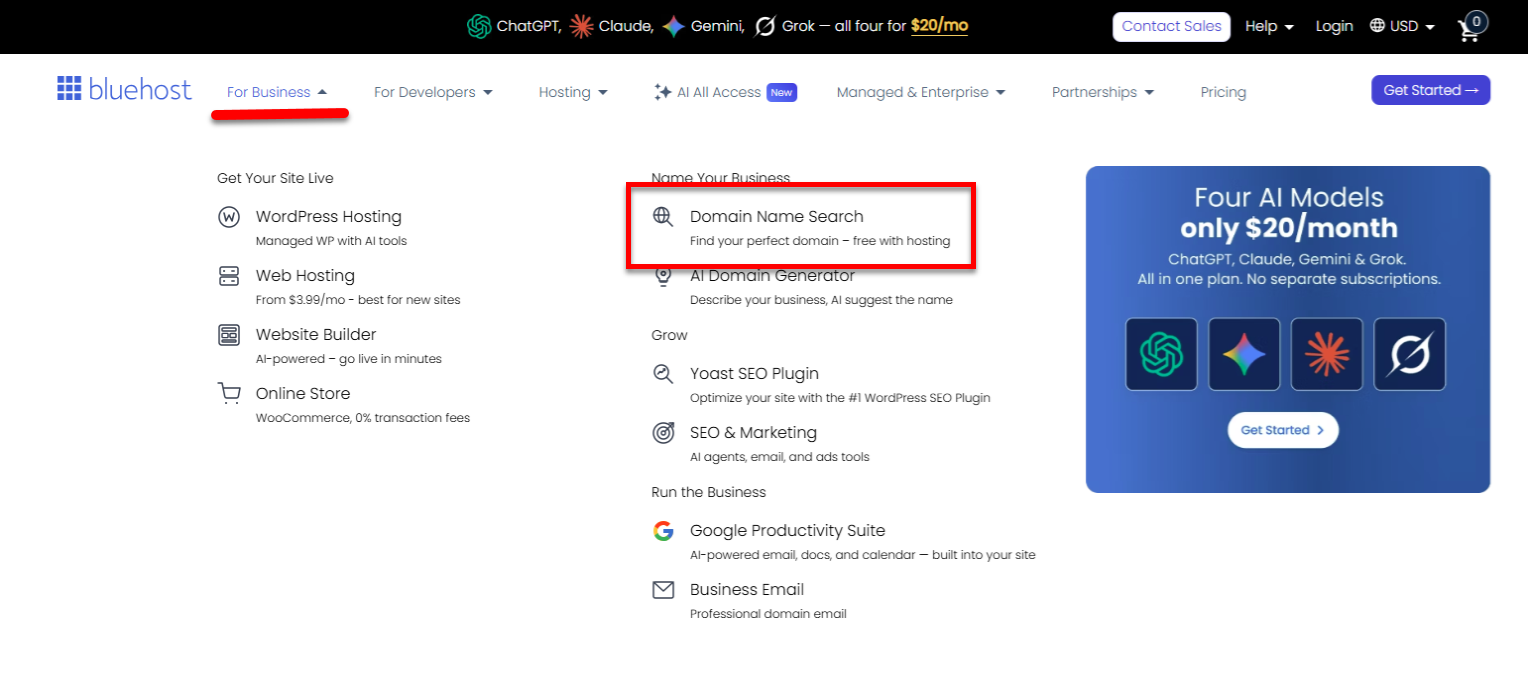 Bluehost Domains - For Business tab - Domain Name Search