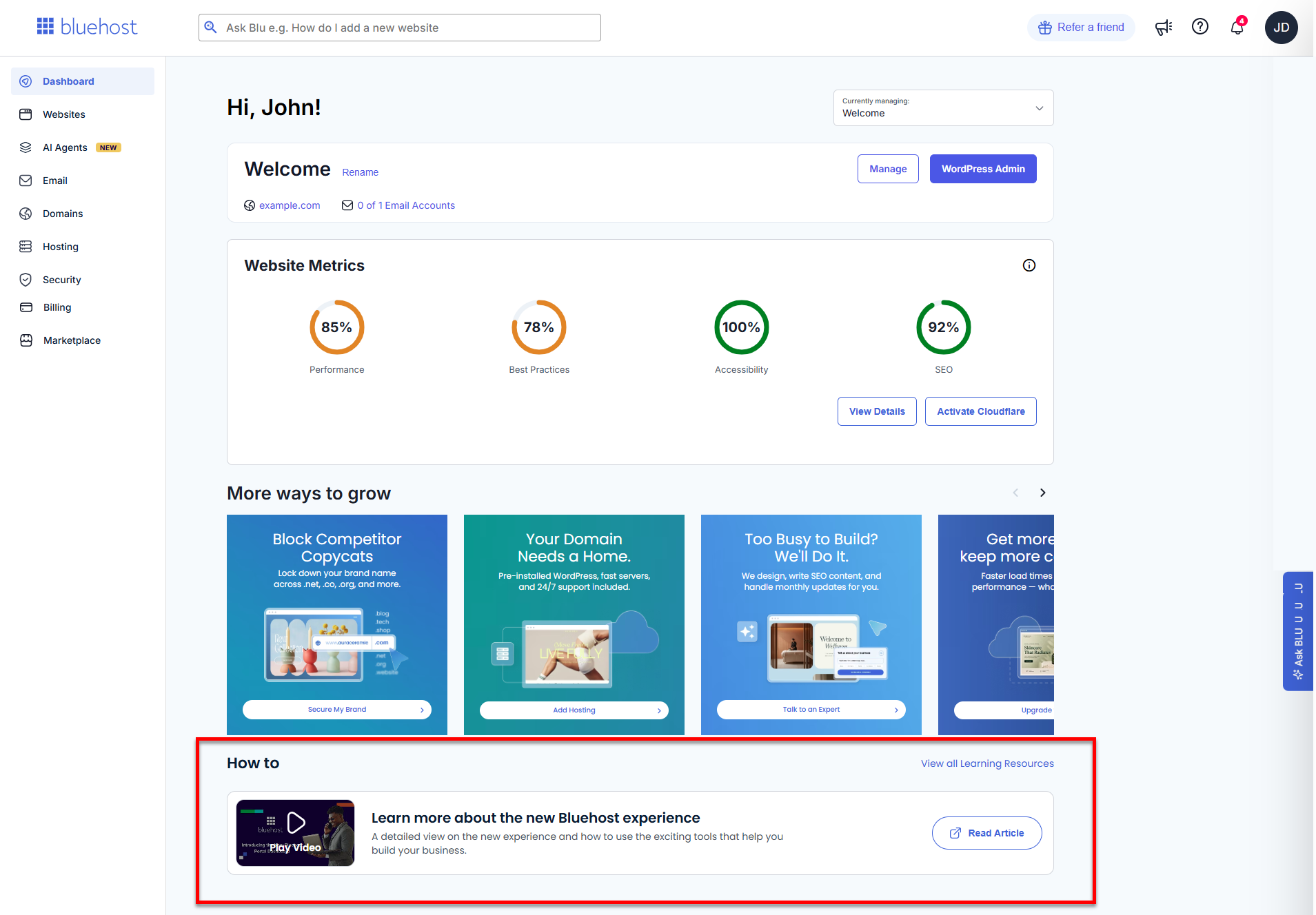 Bluehost Portal - Dashboard - How To